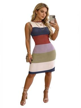 Elegant Women’s Sleeveless Colorblock Dress in Multi-Color